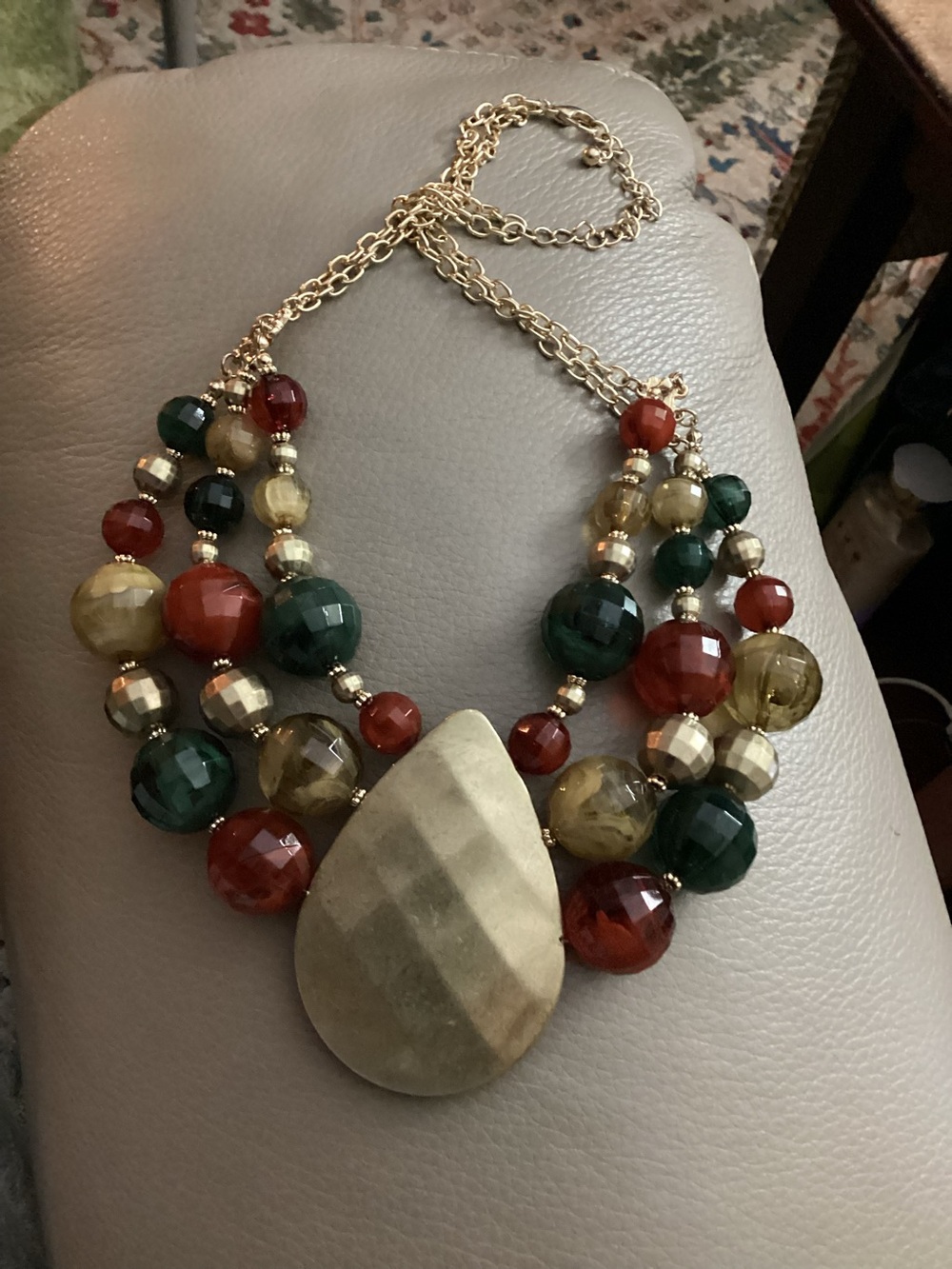 Multi-Strand Faceted Acrylic Drop Necklace in Red, Green & Gold